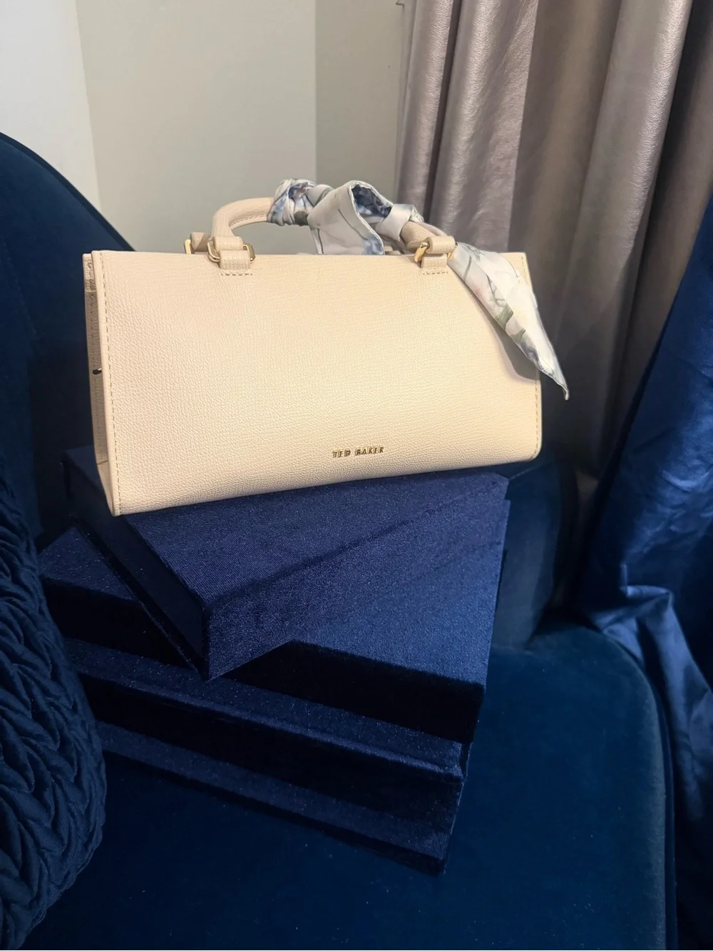 Ted Baker Cream Pebbled Top-Handle Satchel with Floral Scarf Accent